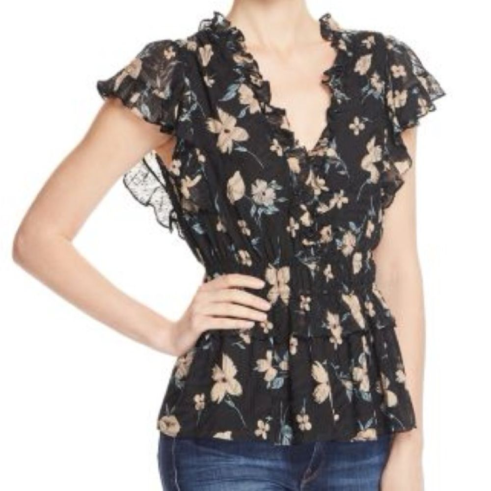 Rebecca Taylor Black Ruffle‎ Daniella Floral Top – Medium
